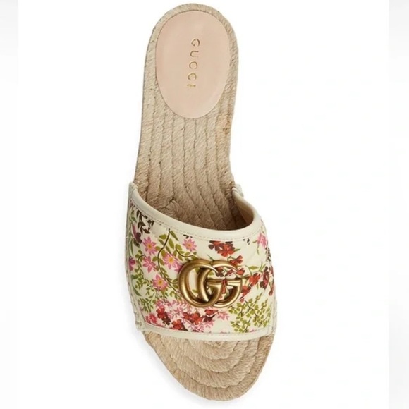 GUCCI 2019 Pilar Double G Floral Espadrille Canvas Slide Sandals 41 10C Wide - Picture 2 of 16